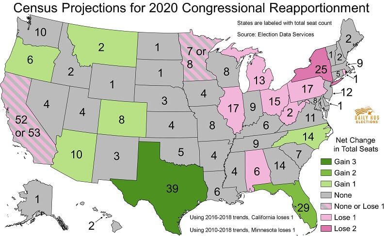 A map of the census projections for 2020 congressional reapportionment. 