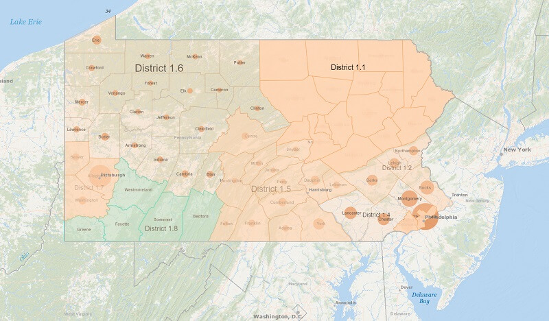 An example of the Pennsylvania Redistricting Exercise dividing the state into 8 districts.
